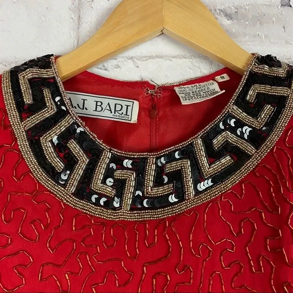 AJ Bari Vintage red silk beaded dress - Picture 3 of 10